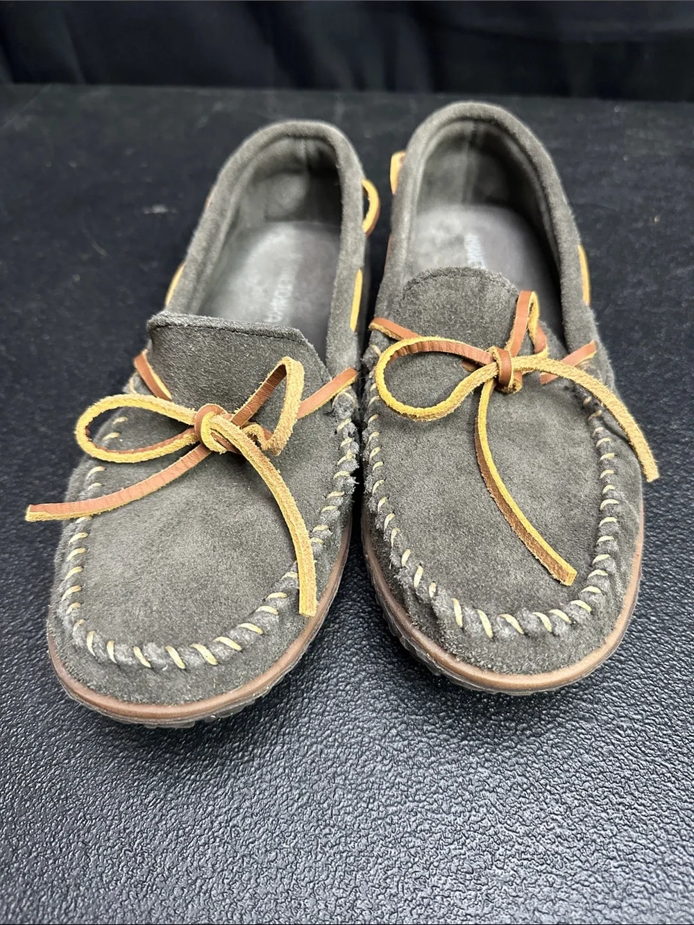 Minnetonka Grey Suede Moccasin Loafers with Tan Laces size 10 W